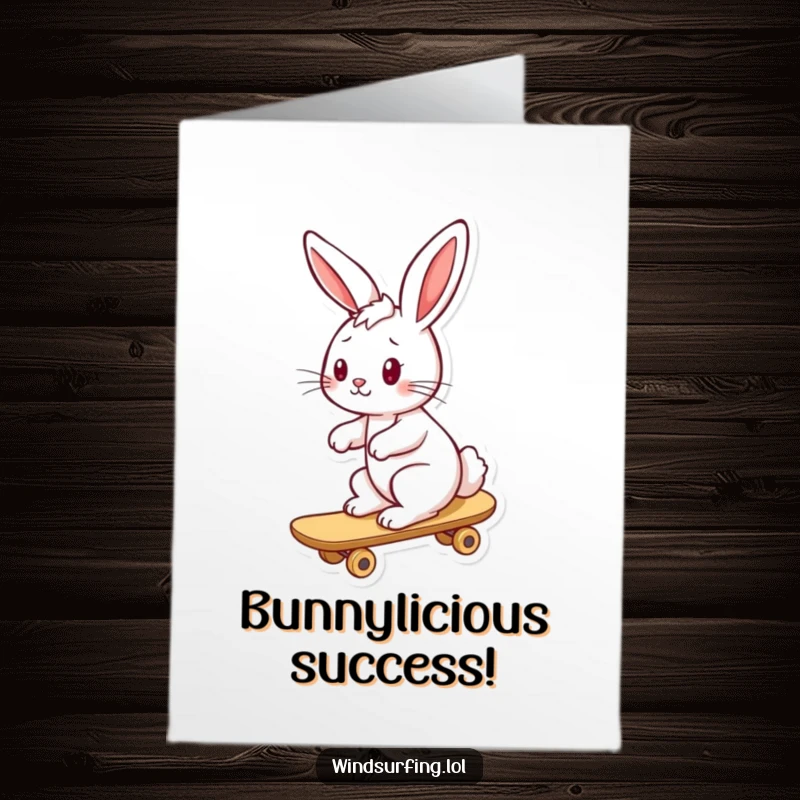 Funny Free Printable Congratulations Card: A happy bunny riding a board, ears flying back in pure exhilaration.