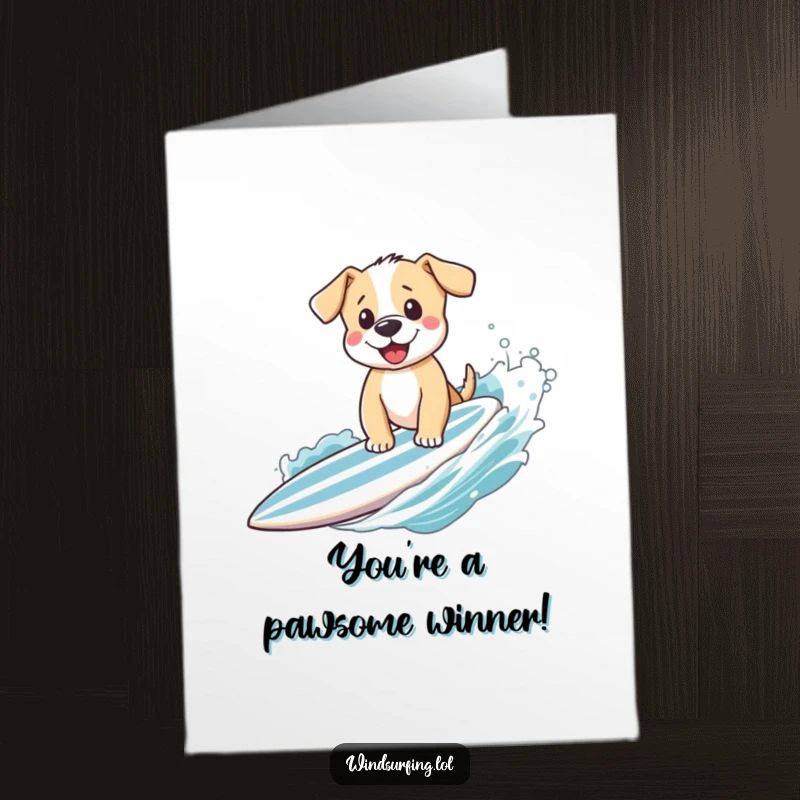 Funny Free Printable Congrats Card: Happy puppy waving from a surfboard, celebrating your amazing achievement.