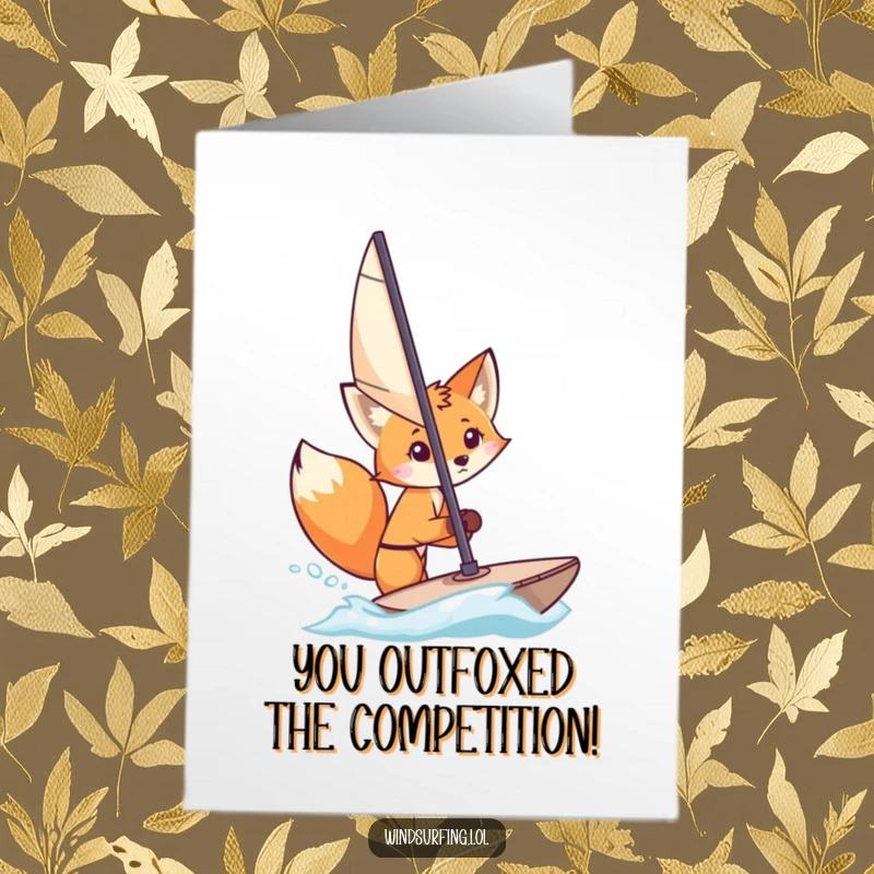 Funny Free Printable Congratulations Card: A curious fox peeks slyly from behind a windsurfing sail, celebrating a surprising and well-earned success.