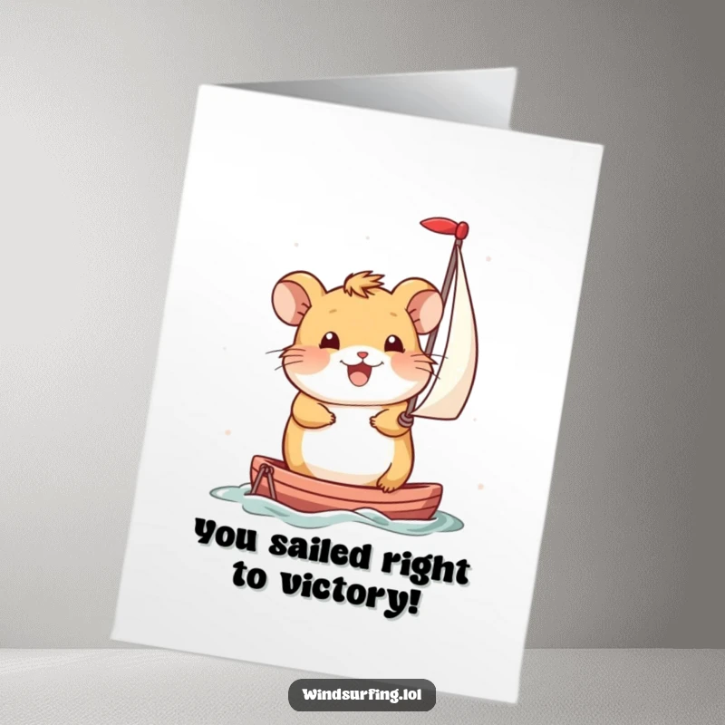 Funny Free Printable Congratulations Card: A smiling hamster uses a miniature sail to propel itself, representing a smooth and successful journey.