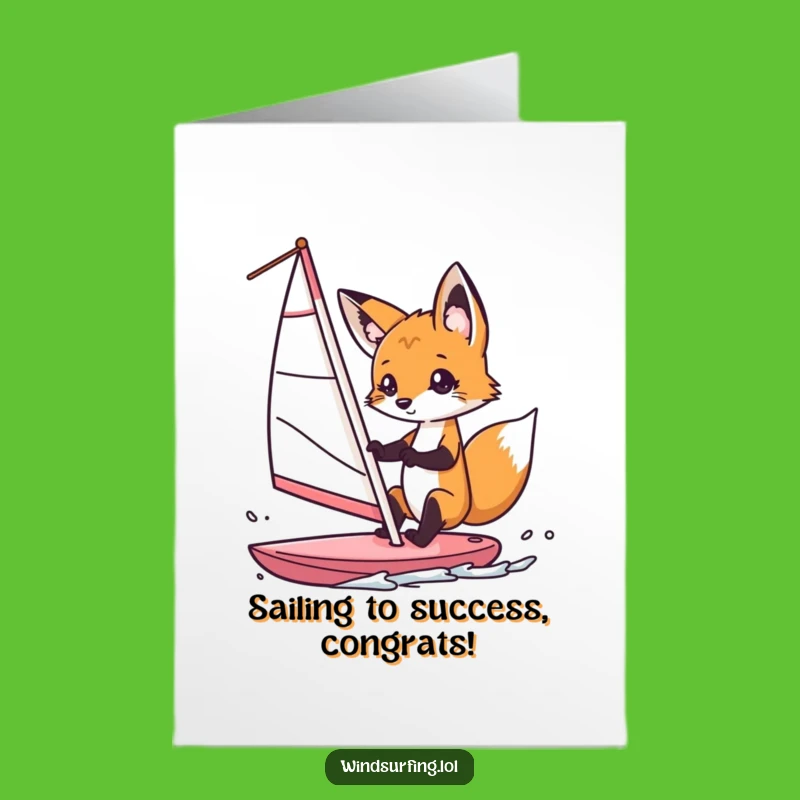 Free Printable Congrats Card: Playful Fox Windsurfer, Downloadable Gift for Celebrating Big Wins