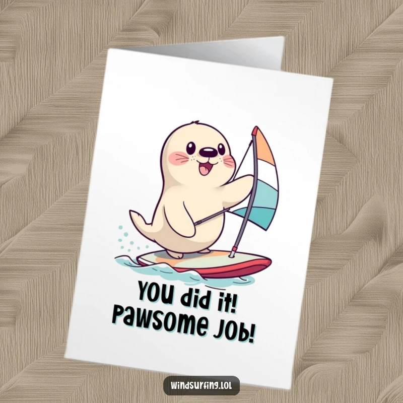 Funny Free Printable Congratulations Card: A happy seal hilariously tumbles off a windsurfing board, celebrating a wild success.