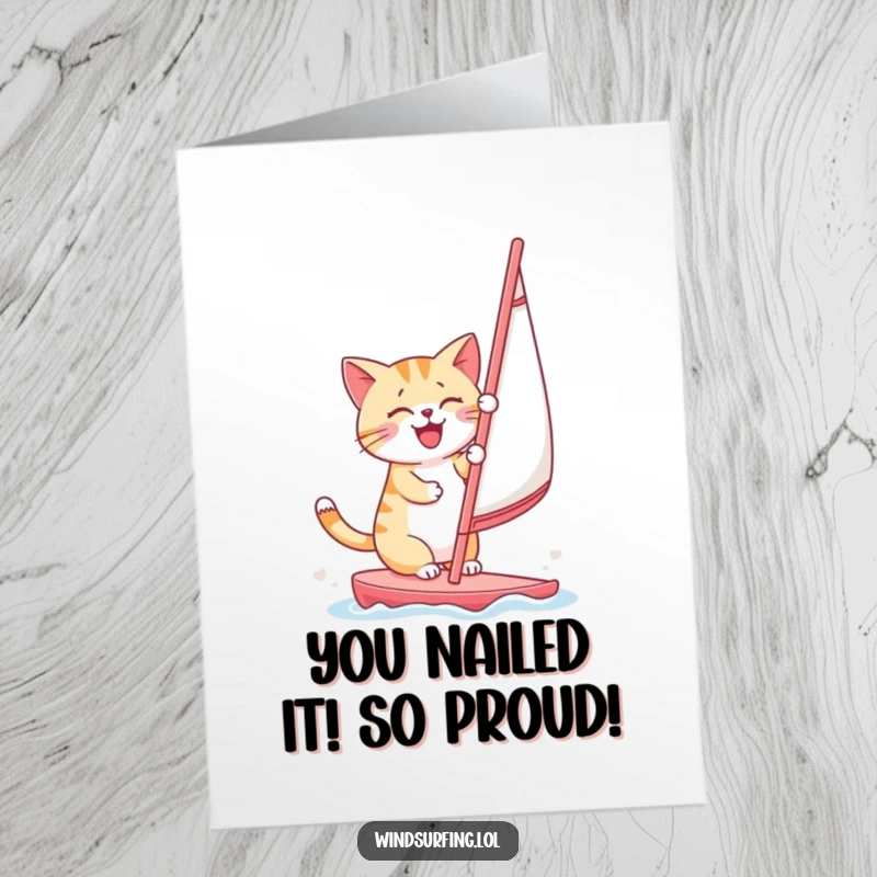 Funny Free Printable Congratulations Card: A cheerful cat smiles while windsurfing, celebrating a job well done, downloadable art.
