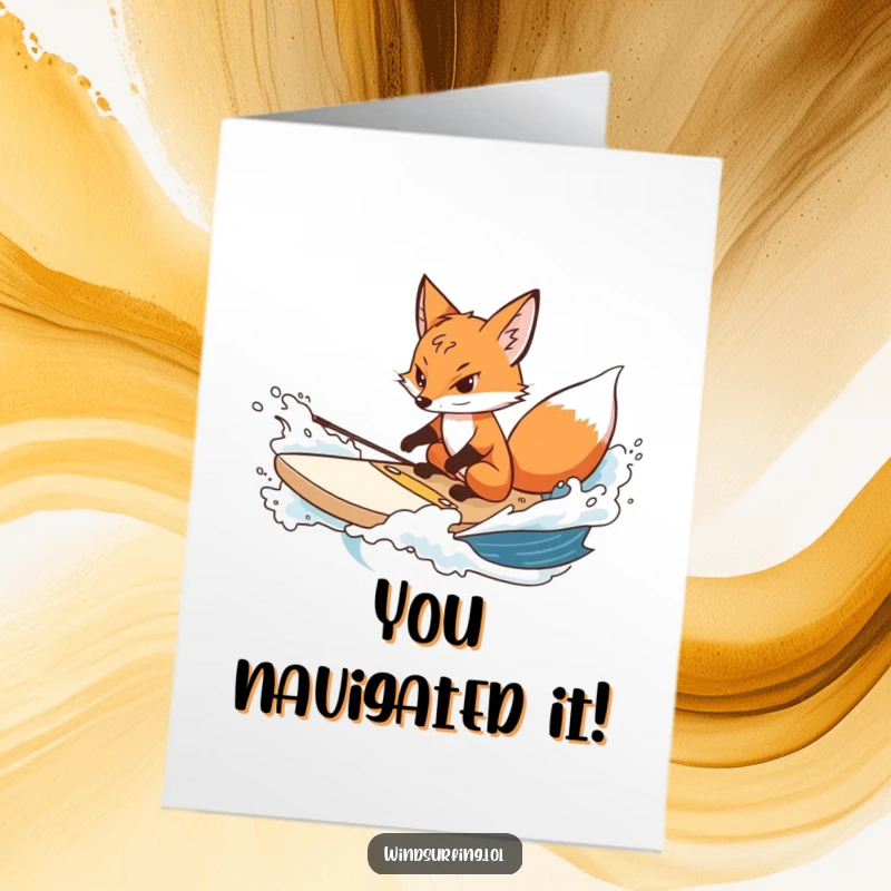 Funny Free Printable Congratulations Card: A focused fox navigating choppy seas, symbolizing triumph over adversity.