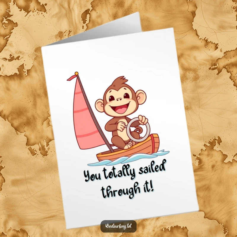 Funny Free Printable Congratulations Card: An excited monkey with a big smile confidently steering a sailboard, celebrating a major win.