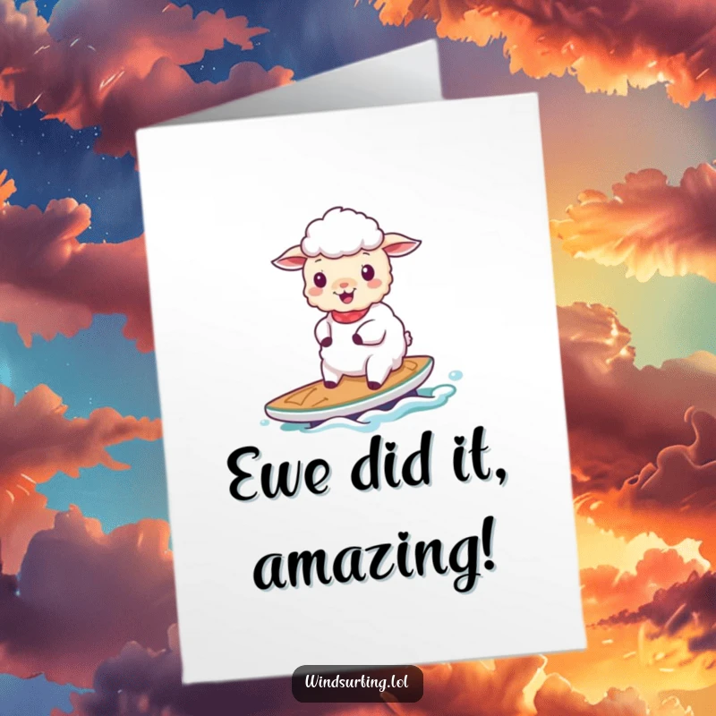 Funny Free Printable Sheep sailing calmly on a board, celebrating success with understated humor.