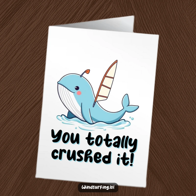Funny Free Printable Congratulations Card: A curious whale humorously launches a windsurfing board, celebrating an achievement.