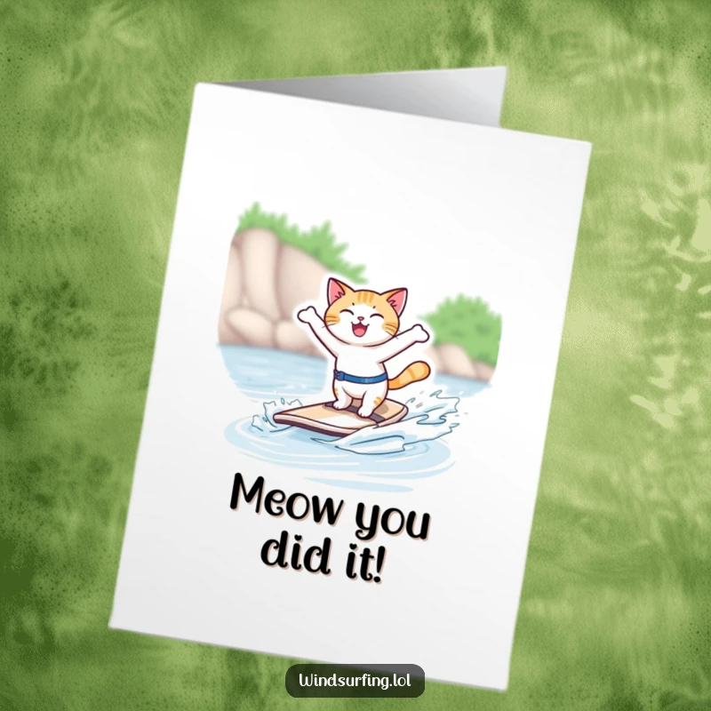 Funny Free Printable Congratulations Card: Elated cat windsurfing powerfully, celebrating a win. A humorous downloadable greeting.