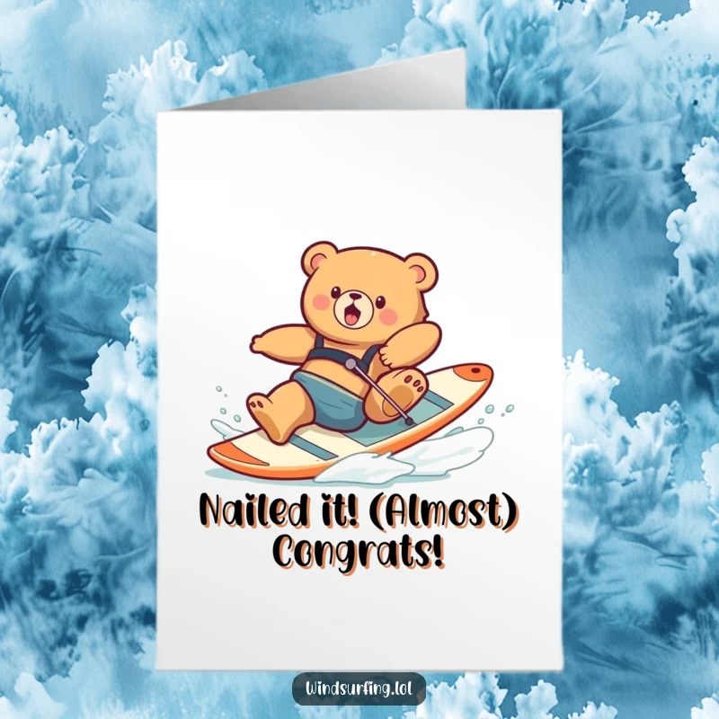 Funny Free Printable Congratulations Card: Clumsy bear in mid-tumble off a windsurfing board, a comical attempt at celebration