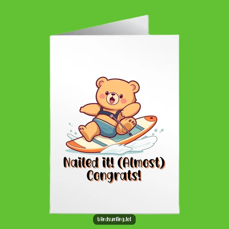 Free Printable Congrats Card: Funny Clumsy Bear Windsurfing Triumph (Sort Of!) - Downloadable