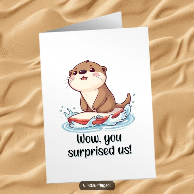 Funny Free Printable Congratulations Card: Surprised otter joyfully splashing water while riding a sailboard, celebrating success with wet excitement.