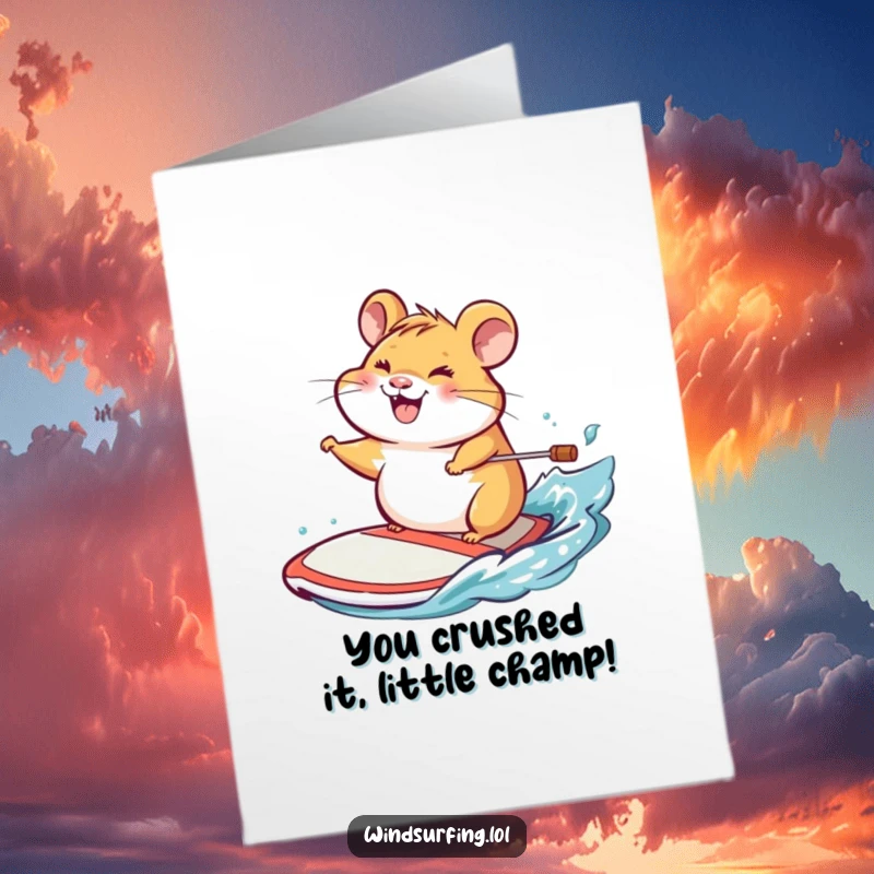 Funny Free Printable Congratulations Card: A cheerful hamster grins widely while confidently steering a windsurf board, celebrating a big win.