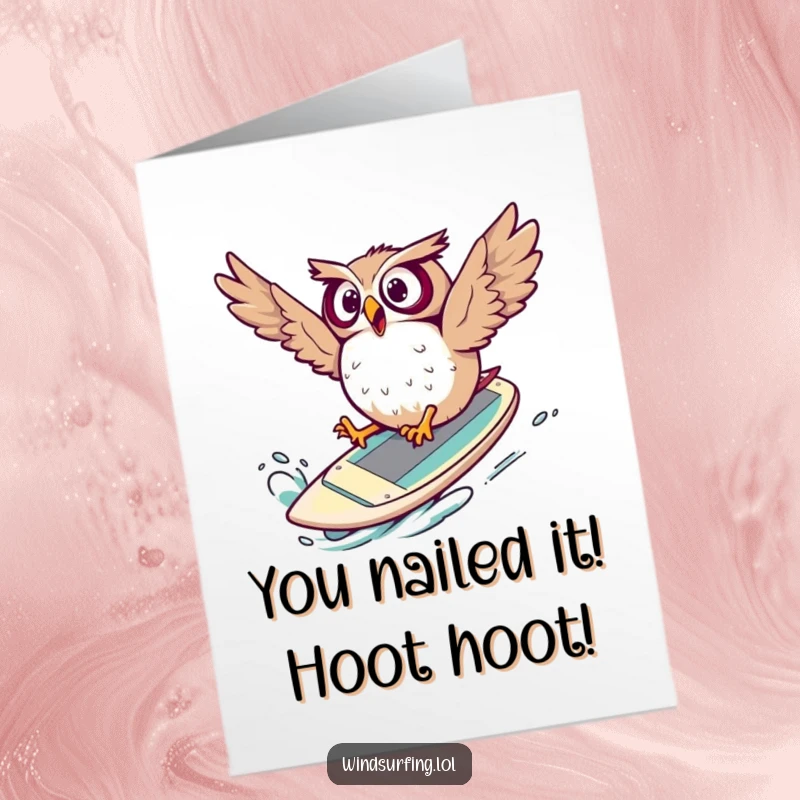 Funny Free Printable Congratulations Card showing a surprised owl comically tumbling off a windsurf board, arms flailing.
