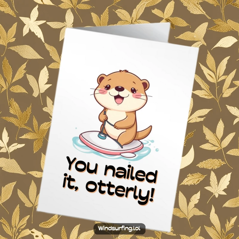 Funny Free Printable Congrats Card showing a joyful otter sailing on a tiny windsurfing board.