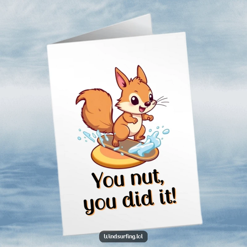 Funny Free Printable Squirrel zooming across water on a board, a high-octane congratulations downloadable.