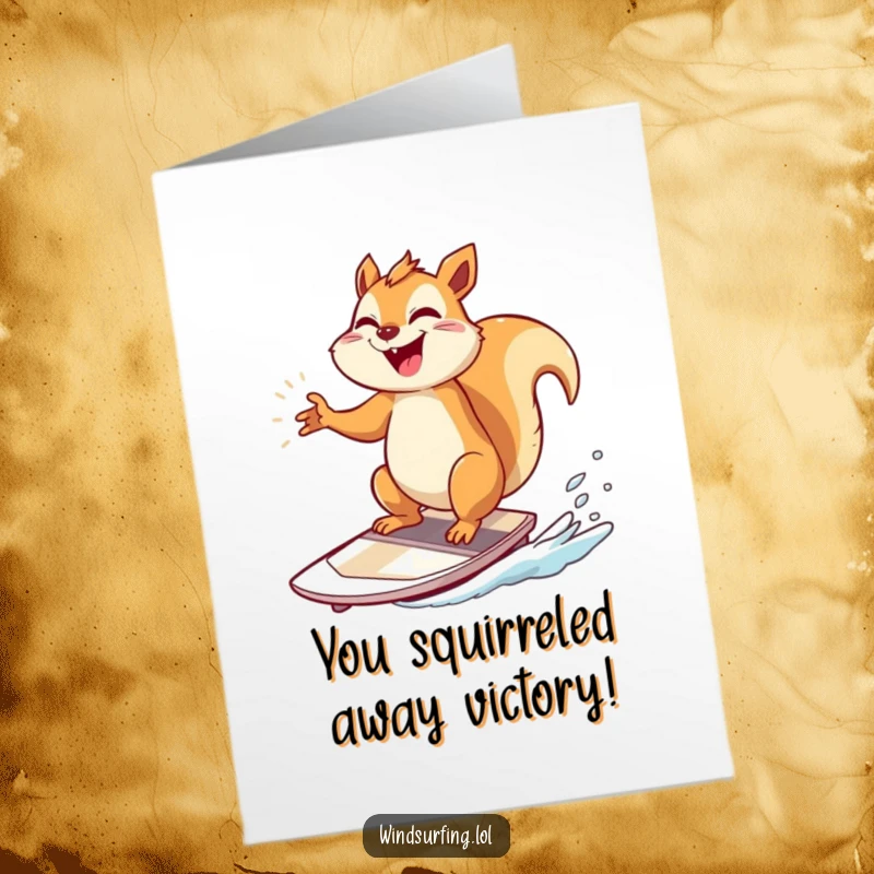 Funny Free Printable Congratulations Card: A giggling squirrel poses triumphantly on a windsurfing board, celebrating success with delight.