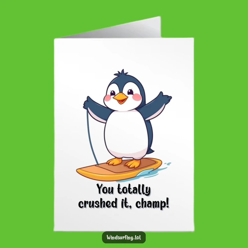 Free Printable Congratulations Card: Penguin Windsurfing Champ, Joyful Downloadable Gift