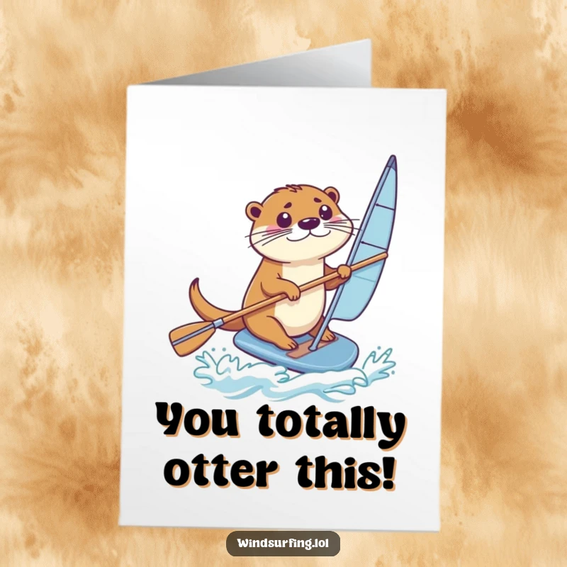 Funny Free Printable Congratulations Card: A determined otter paddles confidently on a windsurfing board, symbolizing progress.