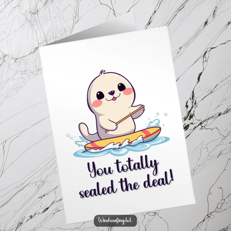 Funny Free Printable Congratulations Card: Seal Joyfully Splashing Water While Windsurfing in Triumph.
