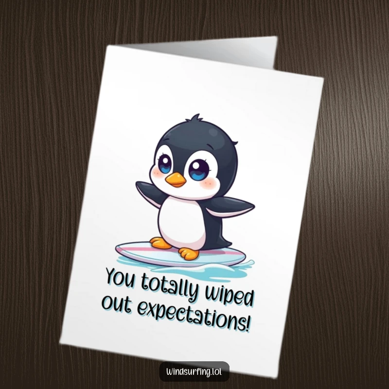 Funny Free Printable Congratulations Card: A curious penguin wobbles precariously on a surfboard, eyes wide with surprise after a victory.
