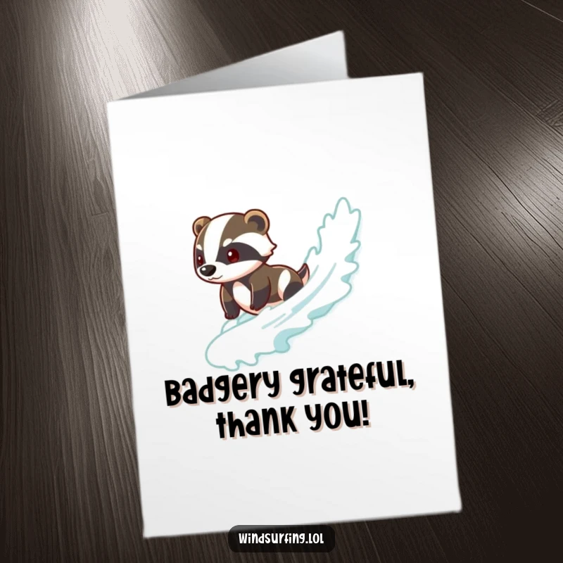 Funny Free Printable Thank You Card: A brave badger expertly surfing a wave, exuding calm confidence.