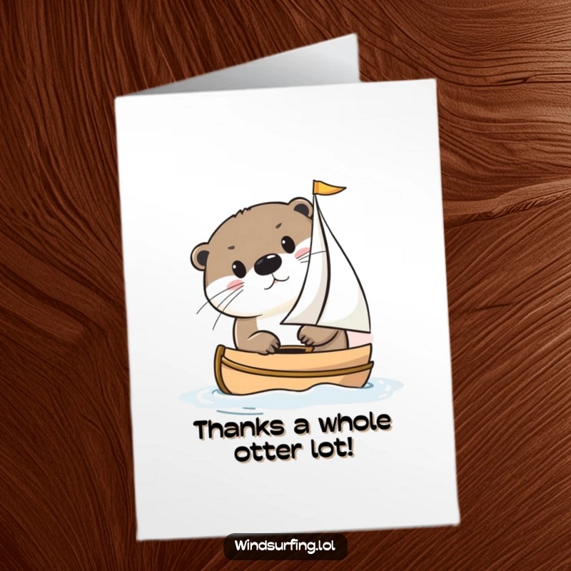 Funny Free Printable Otter peeking from a sailboat, expressing thanks with a cute and humorous gesture.