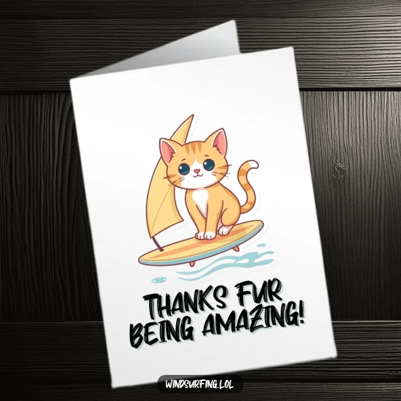 Funny Free Printable Thank You Card: Curious Cat Balancing on a Surfboard, Sending Gratitude.