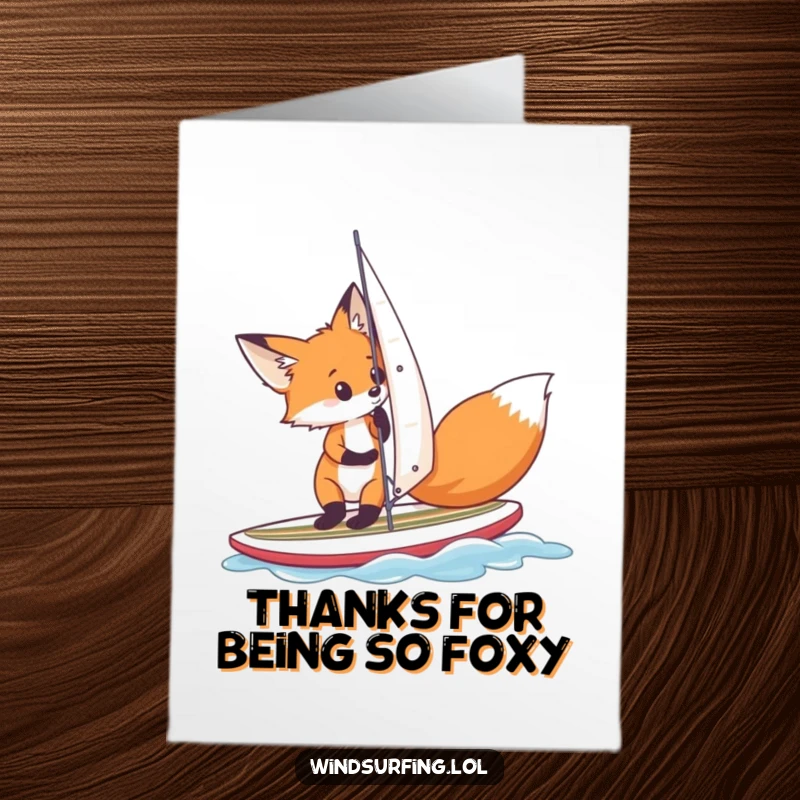 Funny Free Printable Thank You Card: A curious fox adjusts its sail on a surfboard, giving a sly, thankful glance.