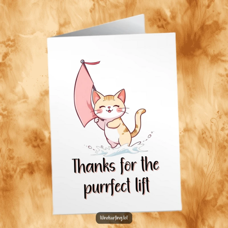 Funny Free Printable Thank You Card: A cat sails with wind in its fur, a whimsical expression of gratitude.