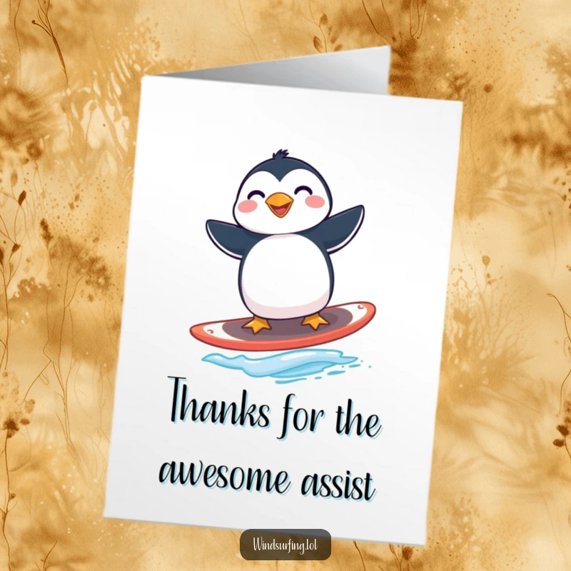 Funny Free Printable Thank You Card: Grinning penguin windsurfing gracefully, perfect for expressing sincere thanks.