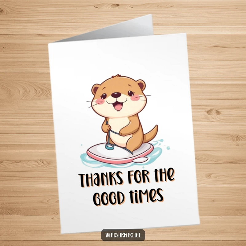 Funny Free Printable Thank You Card of a joyful otter sailing on a tiny windsurfing board.