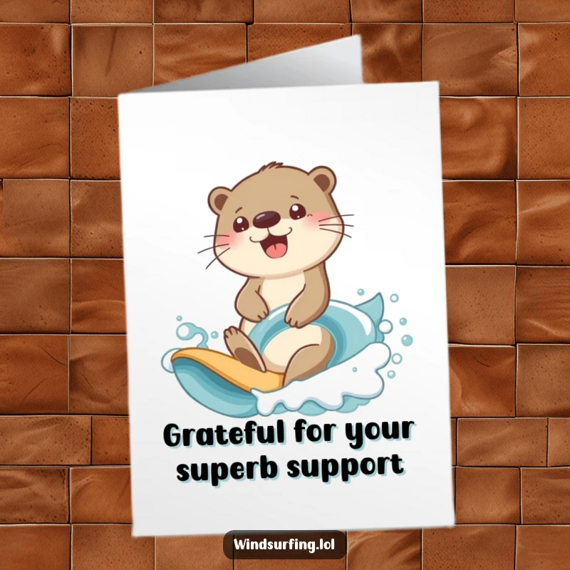Funny Free Printable Thank You Card: Cheerful otter with a determined expression riding a wave.