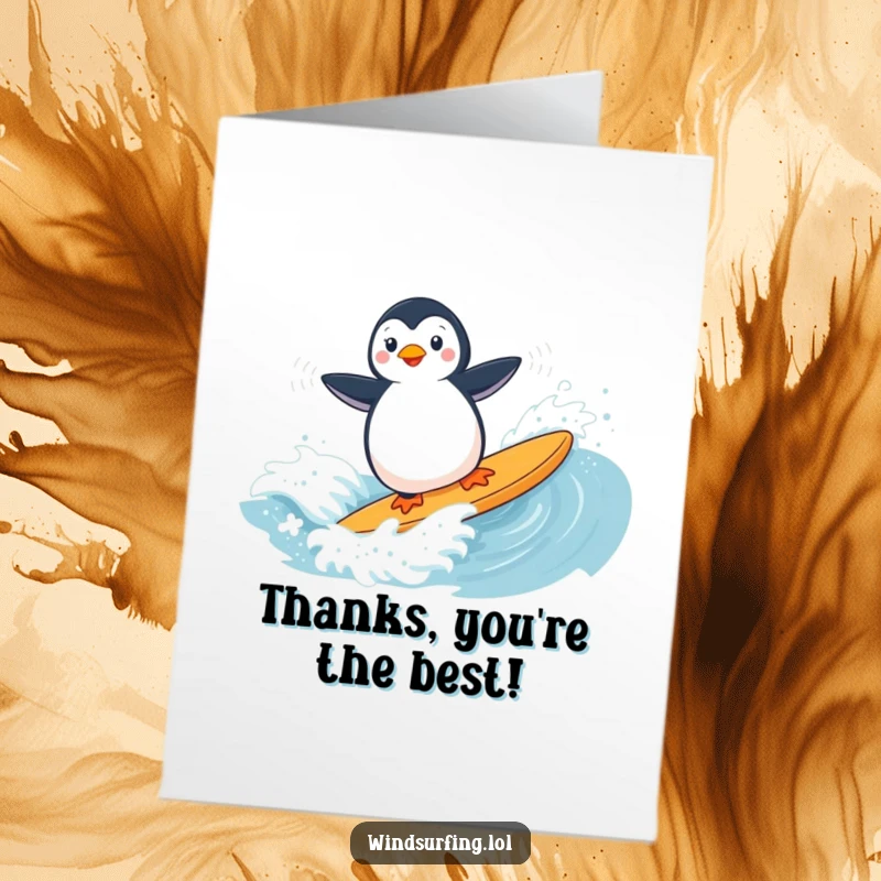 Funny Free Printable Thank You Card: A happy penguin windsurfing sends thanks, perfect for a cool and humorous appreciation, downloadable art.