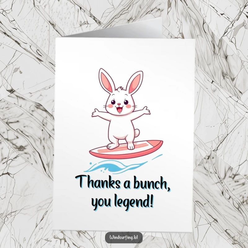 Funny Free Printable Thank You Card: Energetic rabbit windsurfing, expressing thanks with a humorous and whimsical gesture.