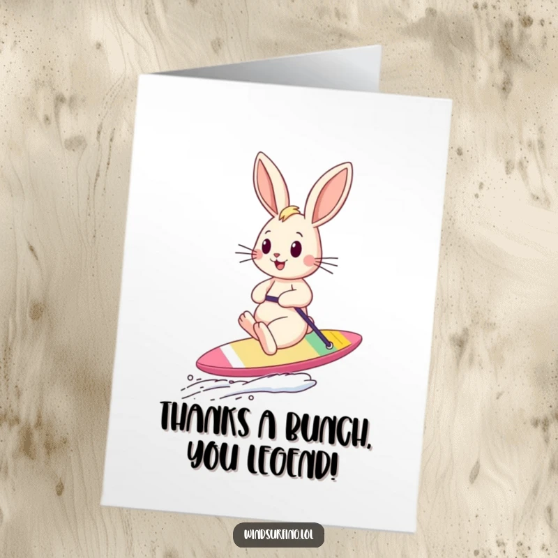 Funny Free Printable Bunny sailing on a board, ears catching the wind, a sweet and humorous thank you.