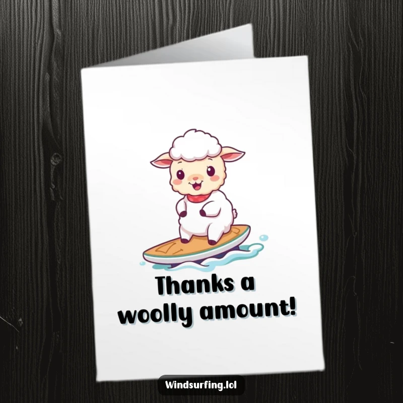 Funny Free Printable Cheerful Sheep sailing on a board, a peaceful and humorous way to express thanks.