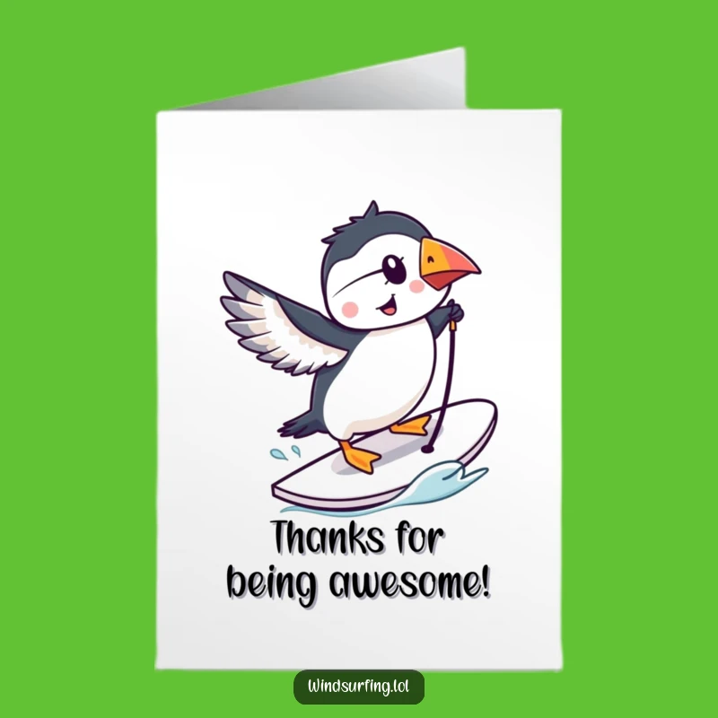 Free Printable Puffin Windsurfing Thank You Card - Cute Downloadable Gift!