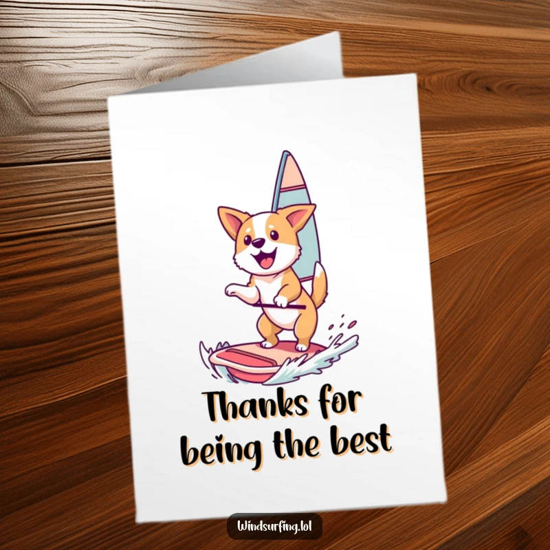 Funny Free Printable Thank You Card of a happy dog catching air on a windsurfing sail.