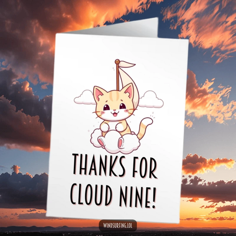 Funny Free Printable Thank You Card: Smiling cat sails on a cloud, playfully catching gratitude with a happy and whimsical spirit.