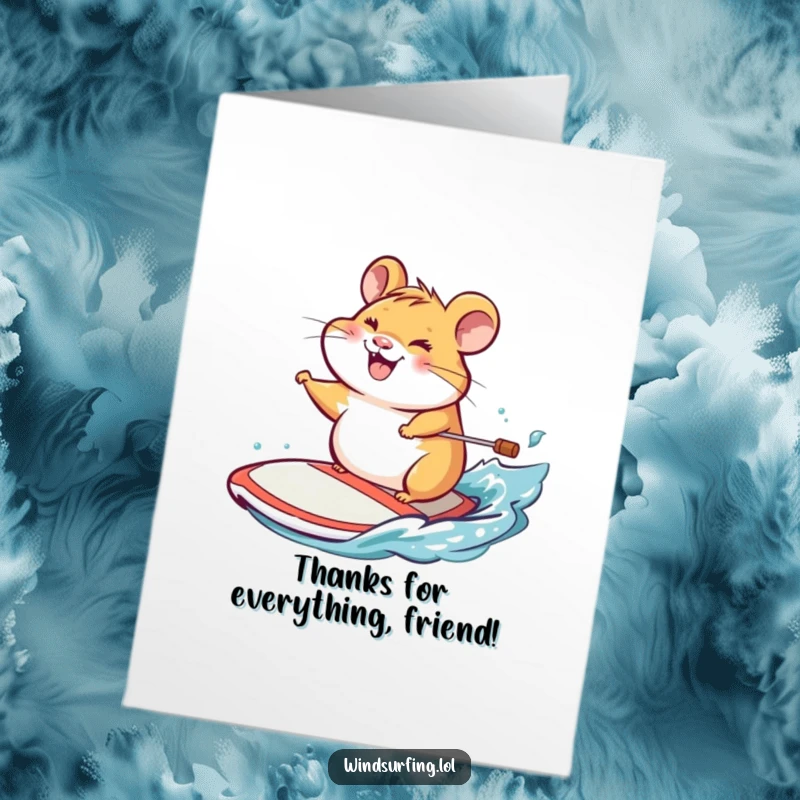 Funny Free Printable Thank You Card: A cheerful hamster grins from a windsurf board, sending thanks with a happy and humorous vibe.