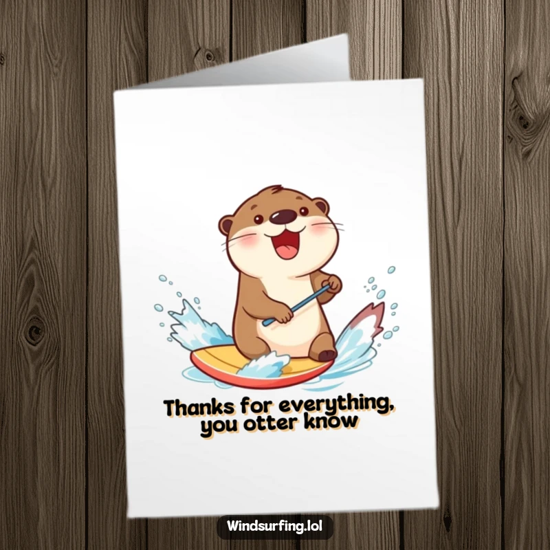 Funny Free Printable Thank You Card: A delighted otter splashes water enthusiastically while windsurfing, sending thanks with a happy expression.