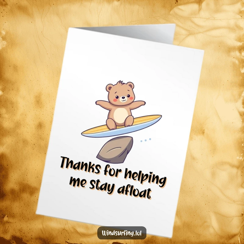 Funny Free Printable Thank You Card: A bear surfs awkwardly, conveying thanks with a comical sense of effort.