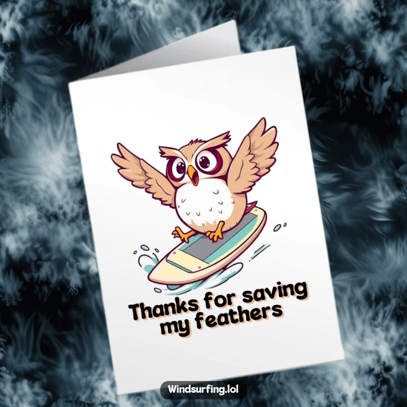 Funny Free Printable Thank You Card depicting a surprised owl comically tumbling off a windsurf board, flailing comically.