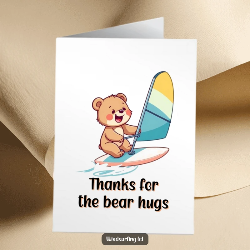 Funny Free Printable Thank You Card: A happy bear cub windsurfing, sending a wave of gratitude with a big smile.