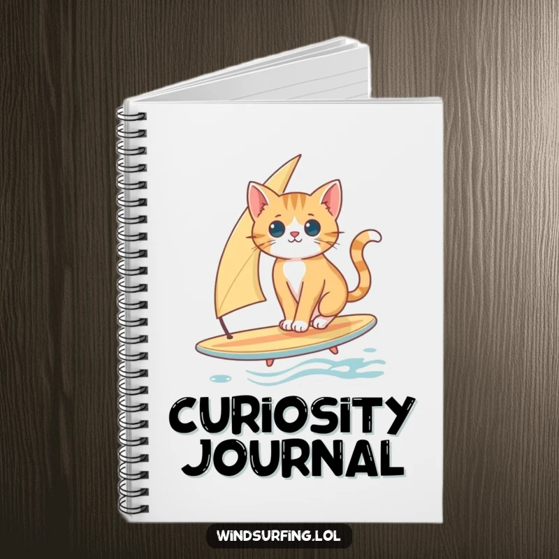 Funny Cat Surfing Notebook: A curious cat balances on a surfboard with a sail, ideal for capturing bright ideas.