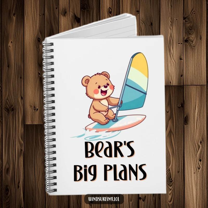 Funny notebook cover with a bear cub windsurfing, inspiring notes and adventurous ideas for great journeys.