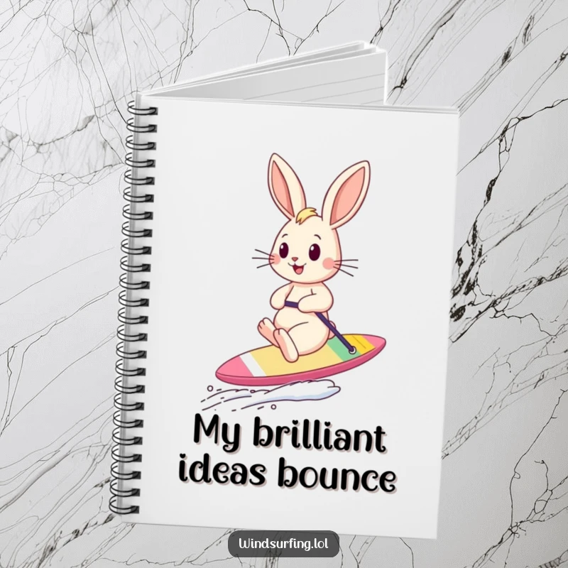 Funny bouncing bunny sailboarding with windblown ears on a notebook cover, inspiring energetic note-taking and creative ideas.
