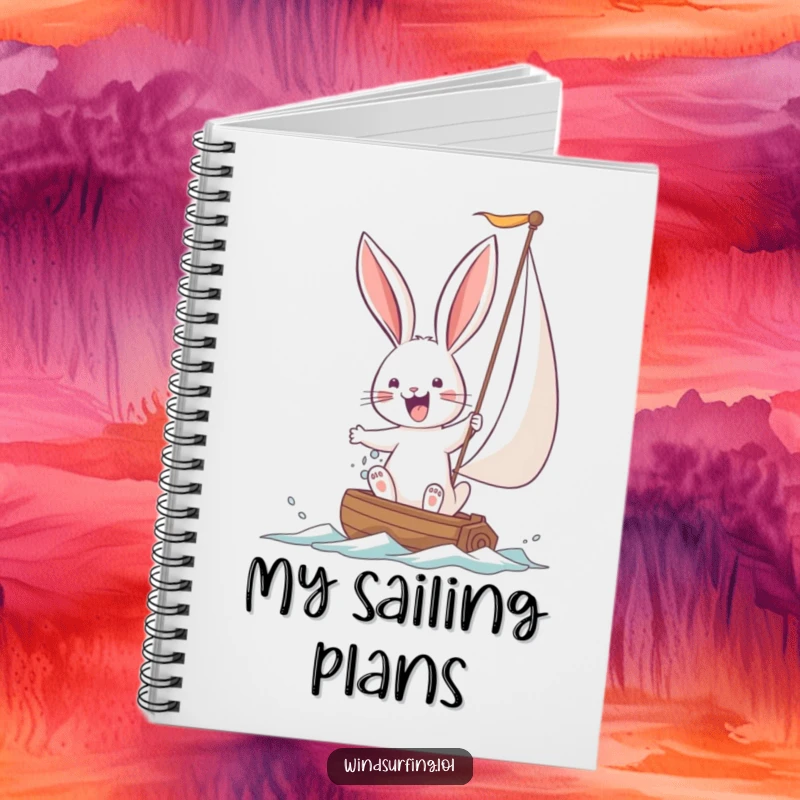 Funny Bunny Notebook with a joyful bunny struggling with a large sail. A humorous and inspiring stationery item for planning.