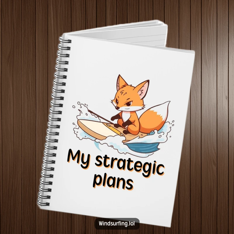 Funny fox notebook with a determined fox steering a surfboard through choppy water, perfect for planning and strategy.
