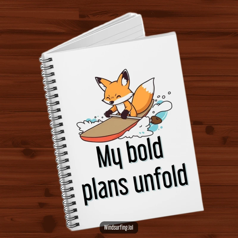 Funny Notebook featuring a determined fox steering a board through choppy water, ideal for planning and strategic note-taking.